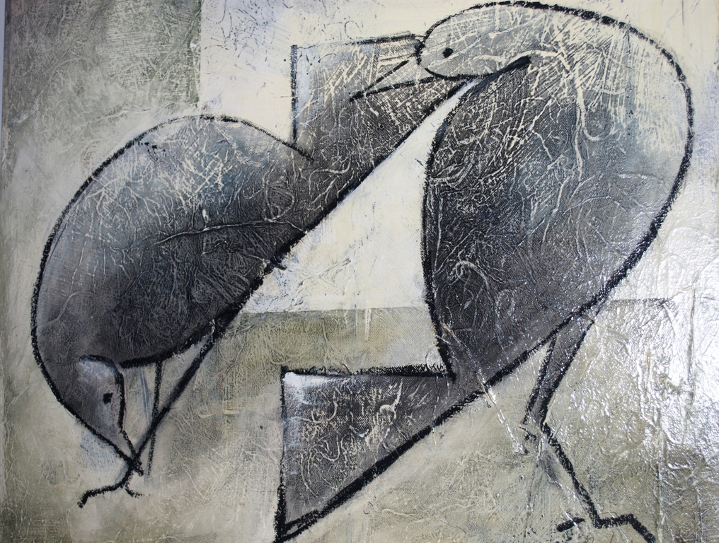 TWEE VOGELS DOOR CARLA RAADSVELD: GEMENGDE TECHNIEK OP CANVAS 60x60  kopen? Bied vanaf 125!