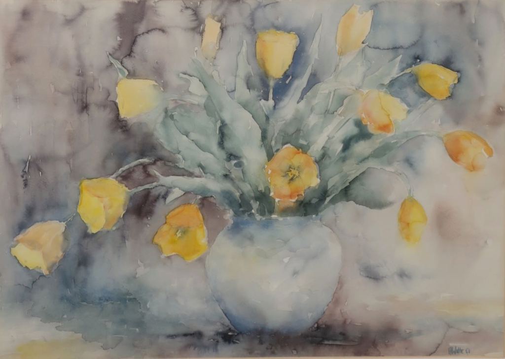 Anneke Witte: Aquarel, Gele tulpen - Ingelijst kopen? Bied vanaf 1!