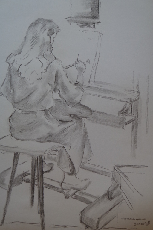 Ton Pape (1916 - 2003) - houtskooltekening - vrouw aan het schilderen kopen? Bied vanaf 35!