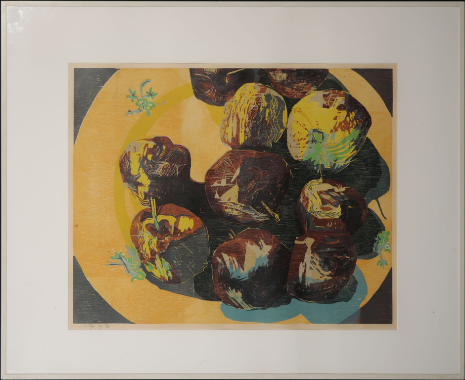 Vincent van Ojen: Houtsnede op Rijstpapier, Schaal met rotte appels - Ingelijst verkocht voor € 40!