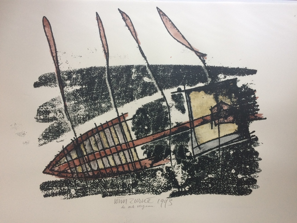 Wim Zurné, originele tekening in gemengde technieken 'De ark vergaan' 1993 verkocht voor € 135!
