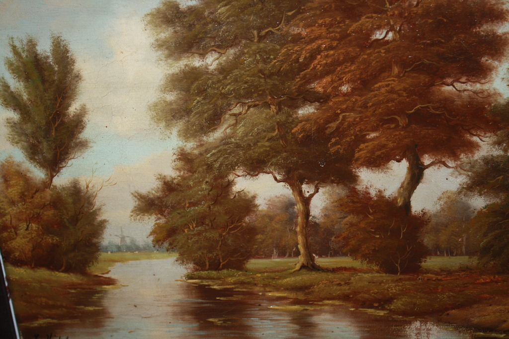 LEO VROLIJK - PARK LANDSCHAP MET MOLEN IN VERTE verkocht voor € 40!