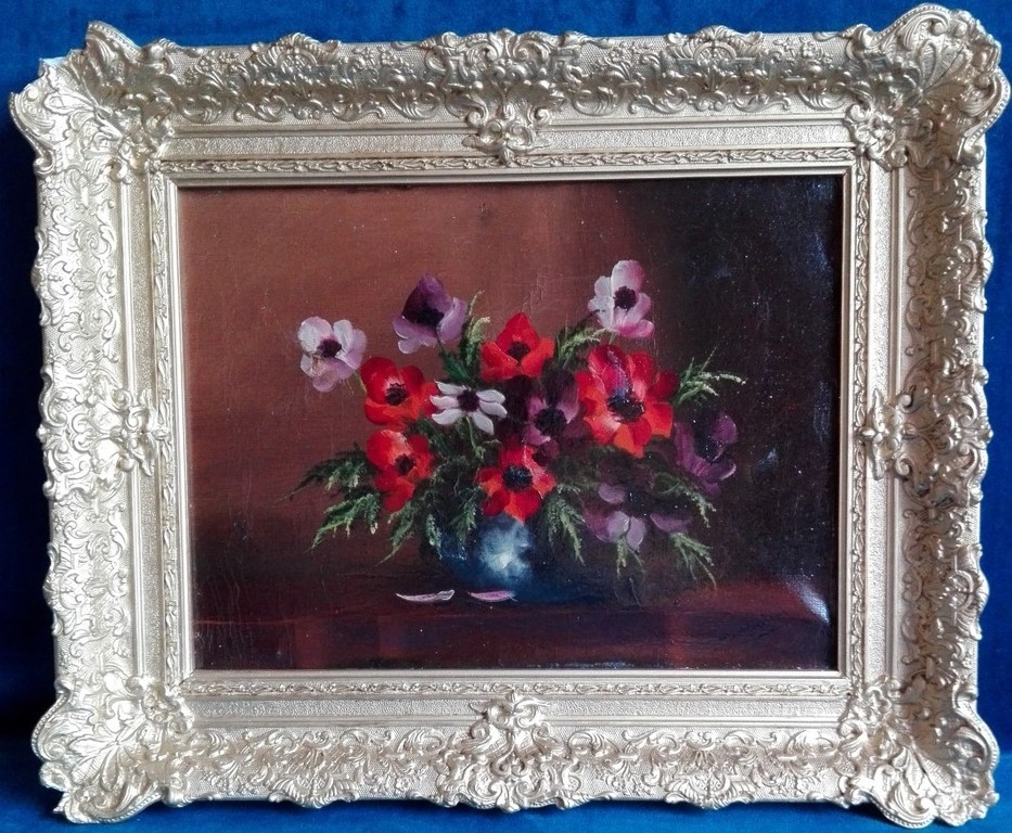 Onbekend (19e/20e eeuw): Olieverf op doek,  Stilleven met onduidelijke signatuur verkocht voor € 45!