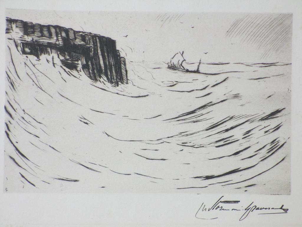 Storm van 's-Gravesande, Woelige zee voor Vlissingen, Ets verkocht voor € 40!