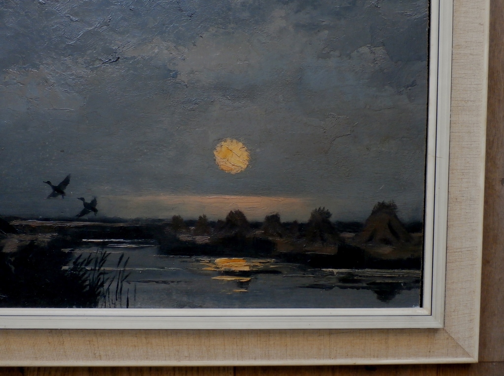 Jo Schrijnder: Olieverf op board: opvliegende eenden bij ondergaande zon kopen? Bied vanaf 550!