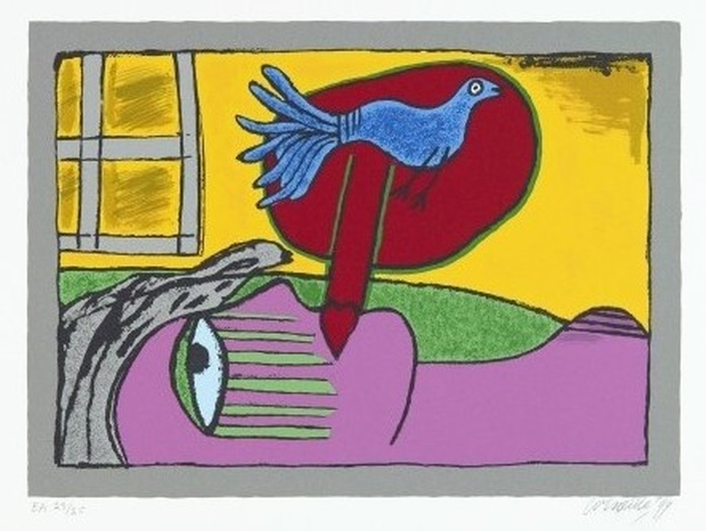 Corneille: Zeefdruk, Regard sur l'oiseau verkocht voor € 100!