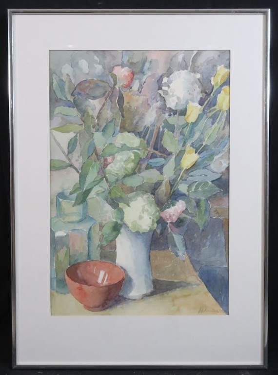 Han Koning: Aquarel, Bloemstilleven met rode kom - Ingelijst kopen? Bied vanaf 1!