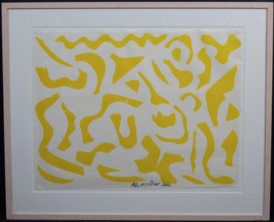 Carel Visser: Houtsnede, Zonder titel (geel) -Ingelijst verkocht voor € 130!