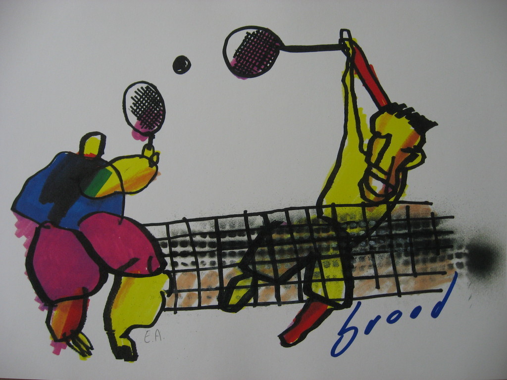 Herman Brood: Kleurenzeefdruk, Tennissers, gesigneerd verkocht voor € 75!