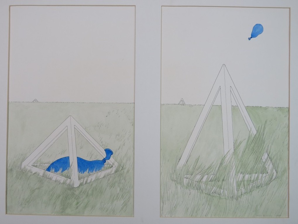 Phil Bloom: 2x Aquarel en pen, Ballon in driehoek + gras verkocht voor € 35!