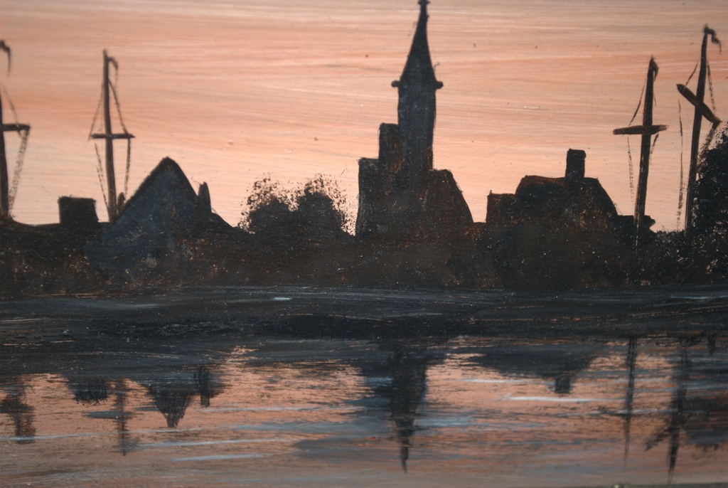 Avondstemming in een haven - olieverf op paneel kopen? Bied vanaf 25!