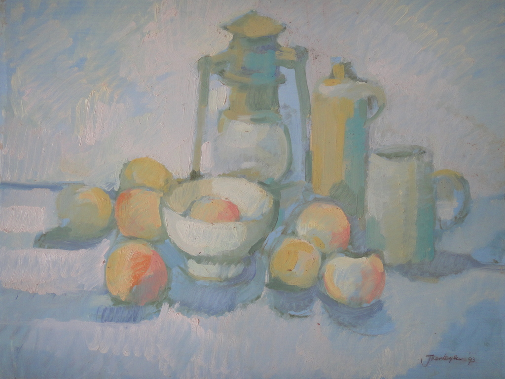 Jan Verheijen, olieverf op board, stilleven met o.a. fruit en olielamp I kopen? Bied vanaf 1!