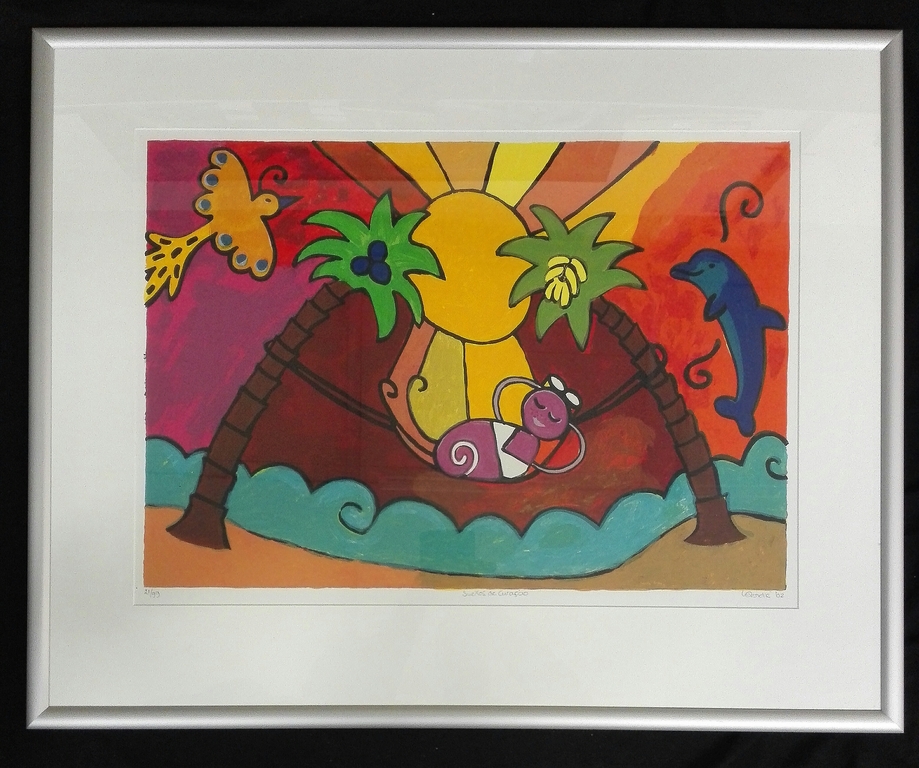 Wendy Brauckman, zeefdruk op papier in lijst, Titel: suenos de Curacau verkocht voor € 75!