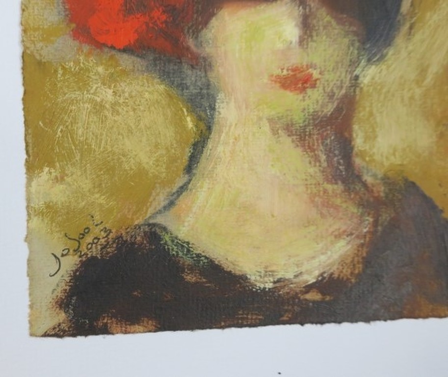 Jose van Gool: Acryl op papier, Z.T. vrouw met rode hoed kopen? Bied vanaf 20!