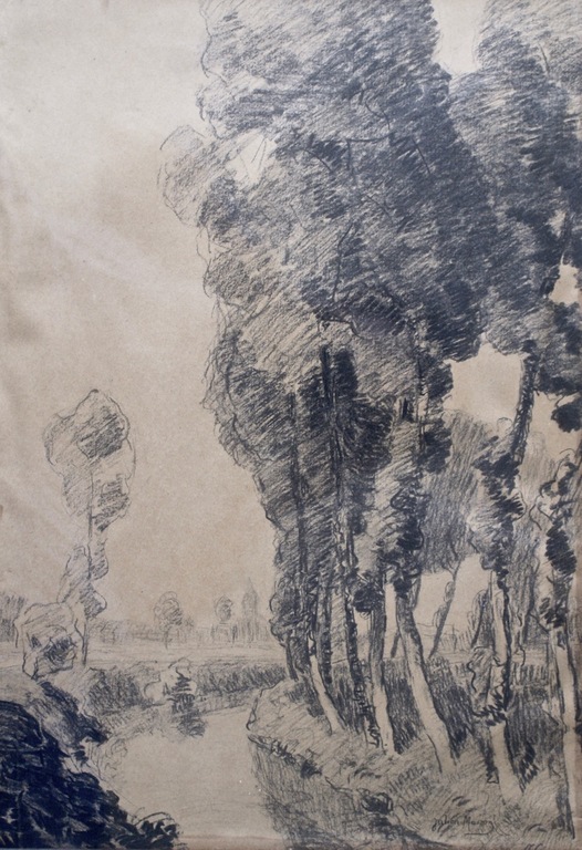 Julien Masson ( 1891 - 1957 ) Houtskool op Papier "Rivier in Weidelandschap". kopen? Bied vanaf 1!