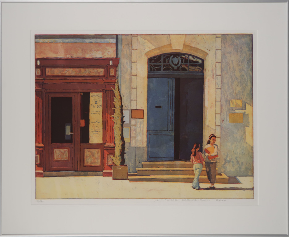 Marcel Schellekens: Ets, Zondagmorgen - Ingelijst verkocht voor € 95!