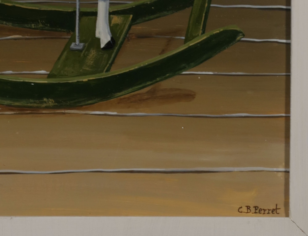 Carole Perret: Olieverf op board, Meisje op hobbelpaard - Ingelijst kopen? Bied vanaf 100!