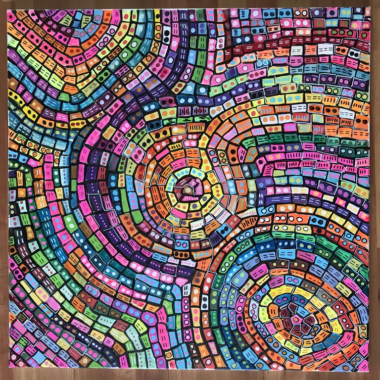 Zippora Meijer  Circle Of Life And Endlessness   acryl op katoen 80 x 80 cm verkocht voor € 35!