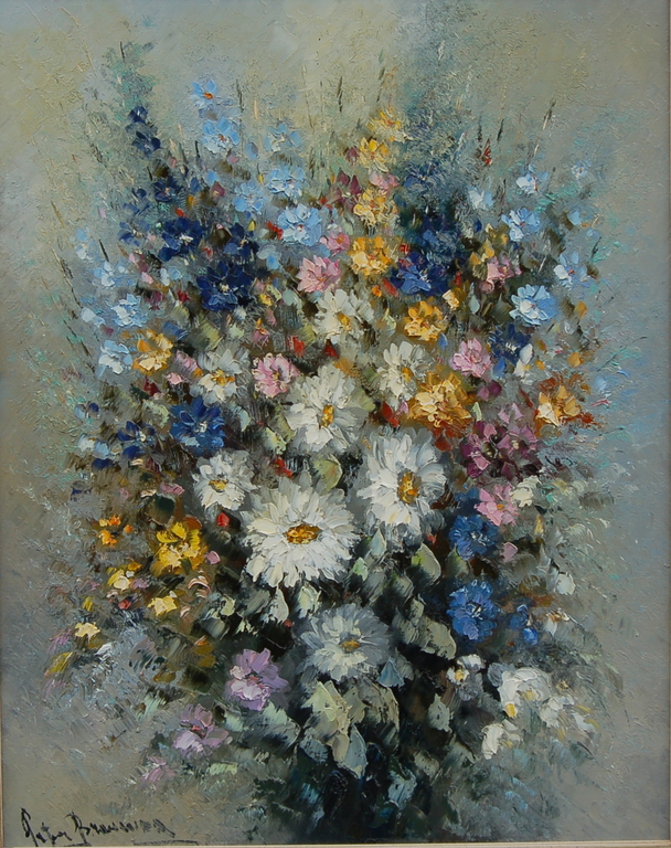 Peter Brouwer, olie op doek, bloemstilleven verkocht voor € 150!