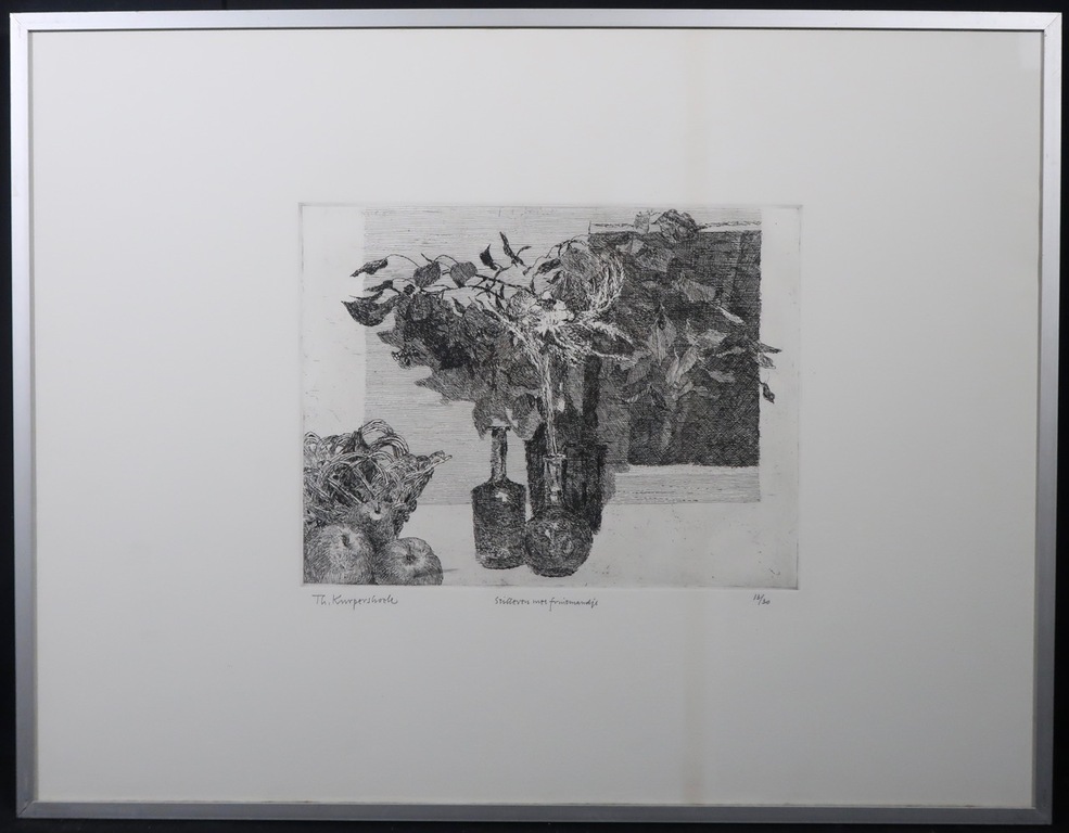 Theo Kurpershoek: Ets, Stilleven met fruitmandje - Ingelijst kopen? Bied vanaf 1!