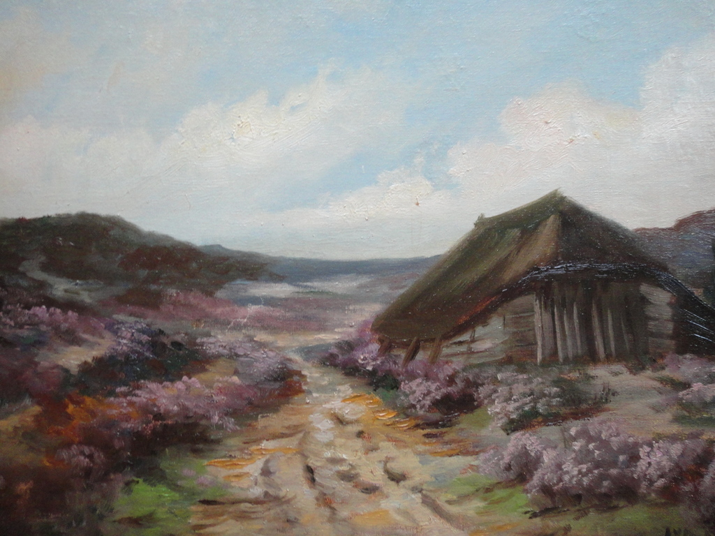 Aat van Dijk, olieverf op doek op paneel, schaapskooi in heidelandschap kopen? Bied vanaf 1!