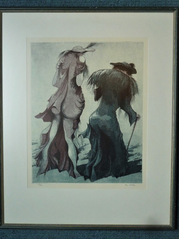 onbekend monogram; lijnets met aquatint(kleur). Twee dames aan de wandel. verkocht voor € 45!