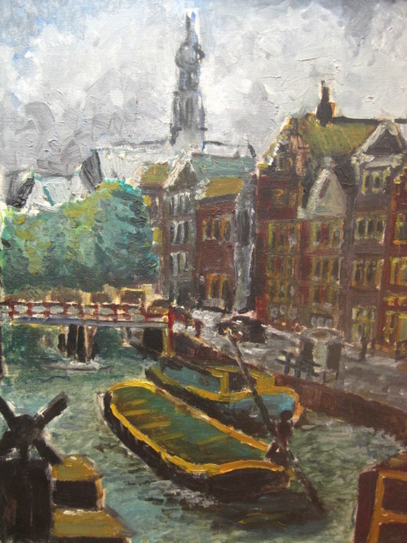 Miep de Leeuwe 1912-2006 "Amsterdam gracht en Westerkerk" olieverf gesigneerd  verkocht voor € 80!