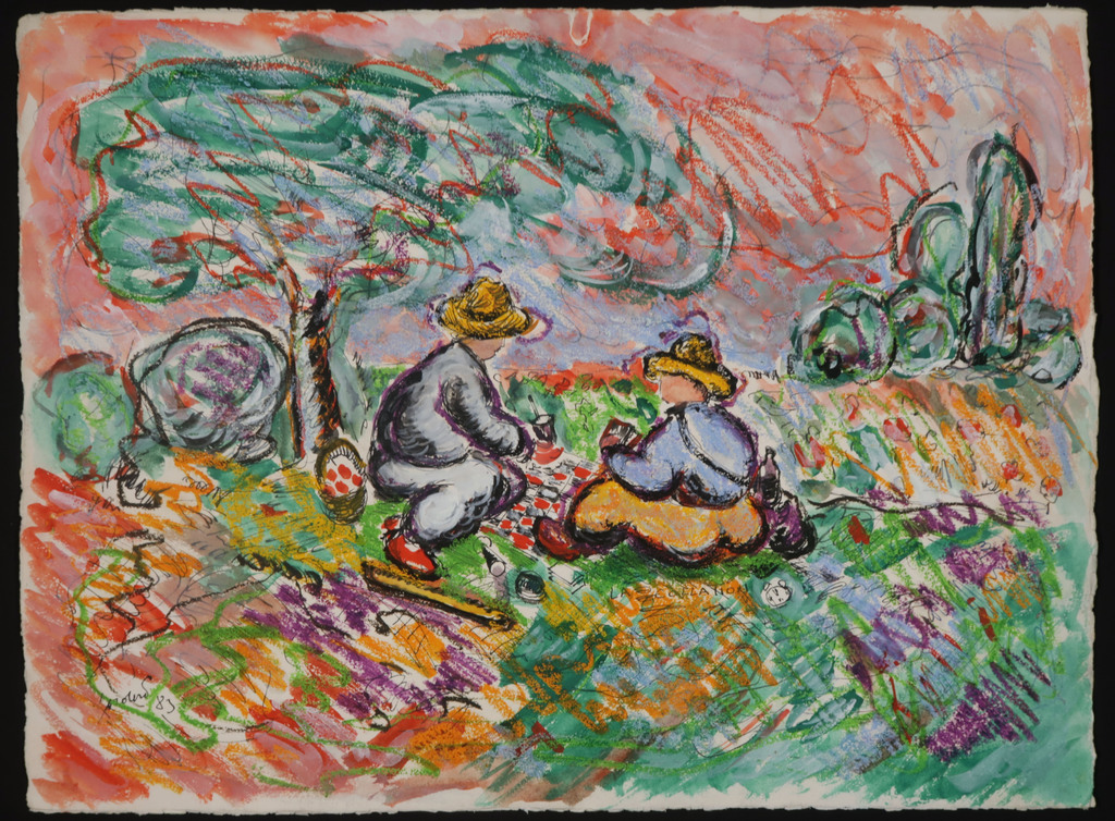 Horacio Cordero: Gouache en Pen, Picknick in kleurrijk landschap kopen? Bied vanaf 80!