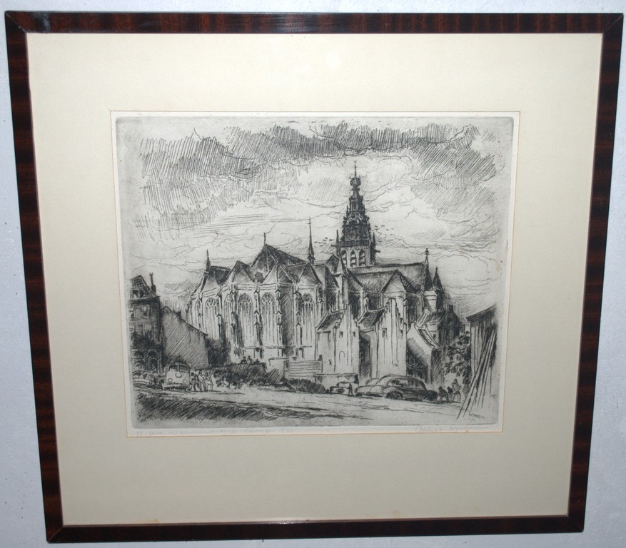 Nijmegen Stevenskerk met kanunnikenhuisjes - ets opl. 75  verkocht voor € 35!
