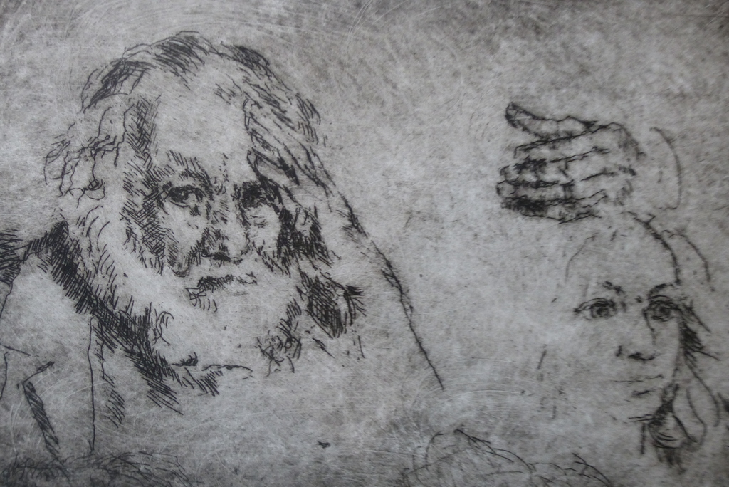 Wim Steijn, ets, zelfportet met dameshoofd, 1976, handgesigneerd verkocht voor € 45!