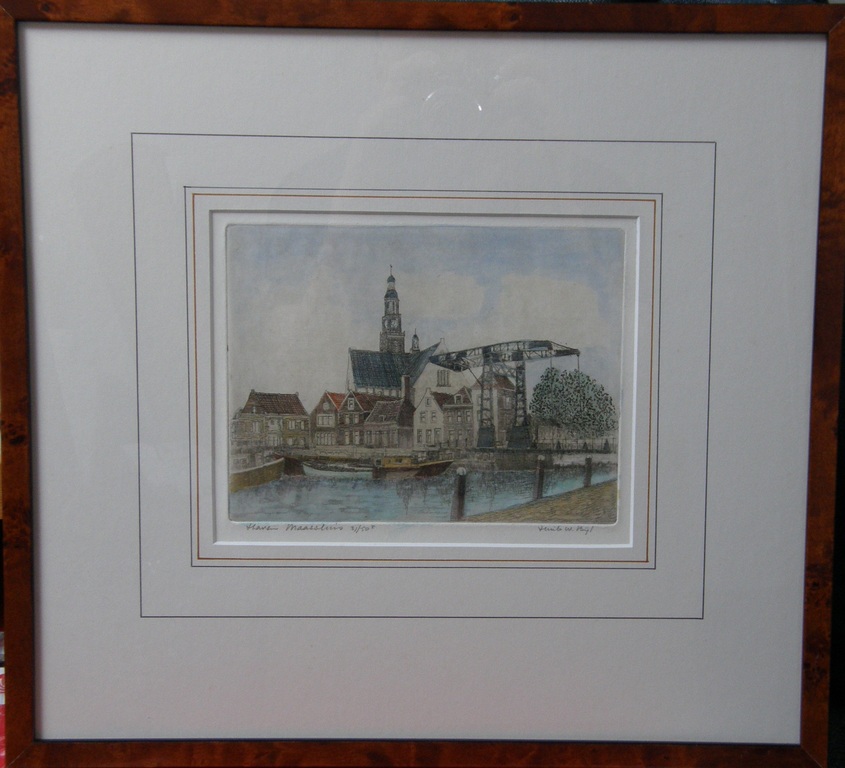 Huib Bijl: kleurenets, haven Maassluis, genummerd en potlood gesigneerd kopen? Bied vanaf 1!