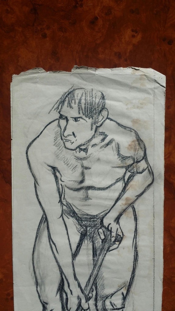 Onbekend. Tekening. Man met schep. kopen? Bied vanaf 5!