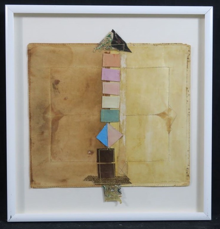 Martje Verhoeven: Collage van leer, Abstracte compositie - Ingelijst kopen? Bied vanaf 50!