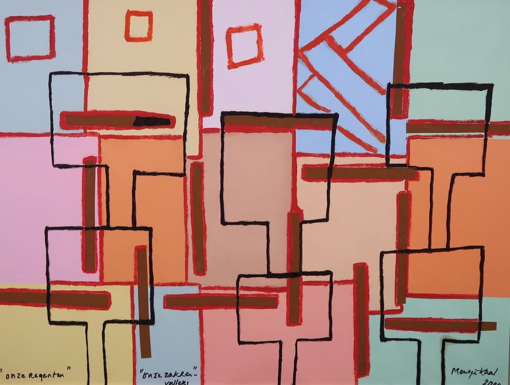 Meertje Kaal: Olieverf en collage op papier, Onze regenten... - Ingelijst kopen? Bied vanaf 1!