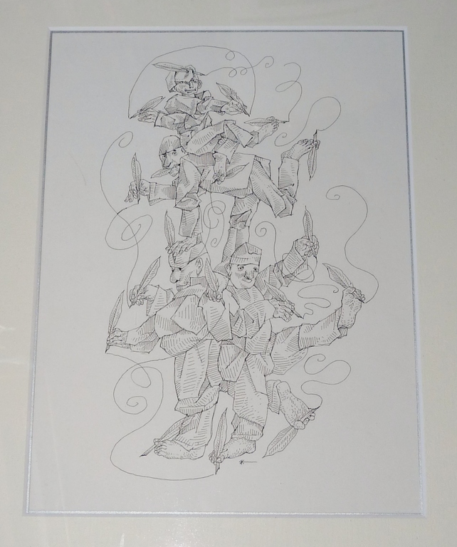 Peter Vos, Originele Inkttekening, Schrijvende figuren verkocht voor € 250!