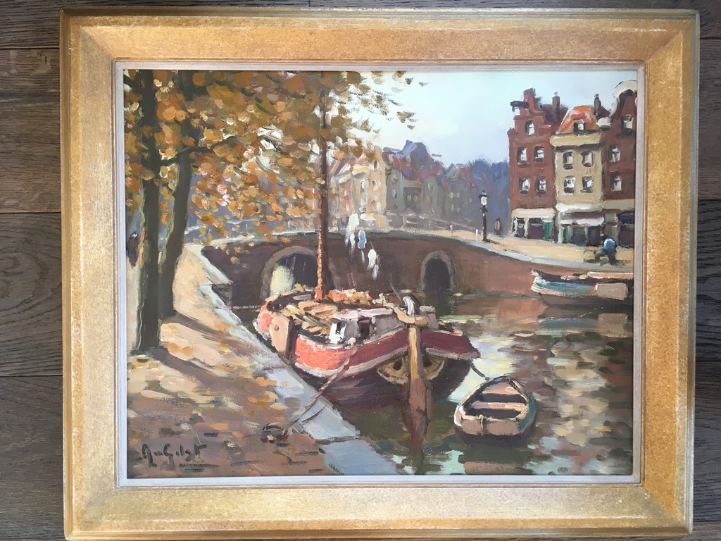 A.v.Gilst: olieverf op doek, Amsterdamse gracht met platbodem kopen? Bied vanaf 370!