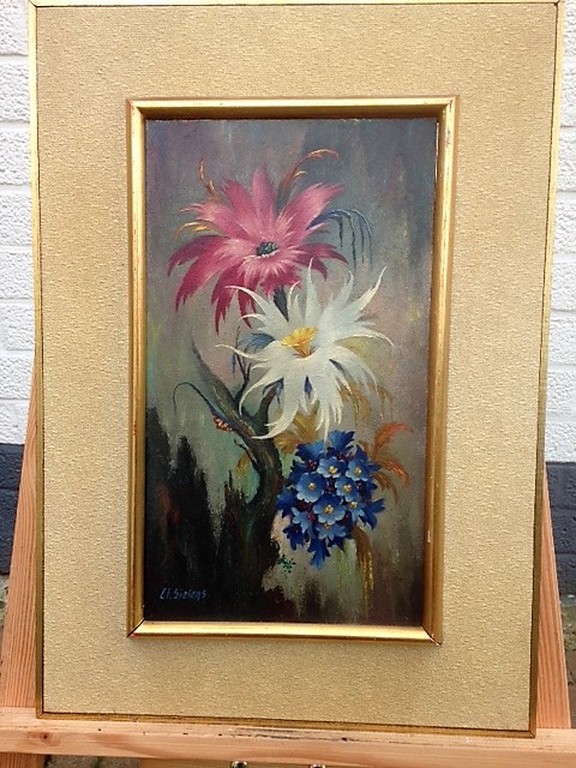 Clement Sielens, olieverf op paneel, Exotische bloemen verkocht voor € 50!
