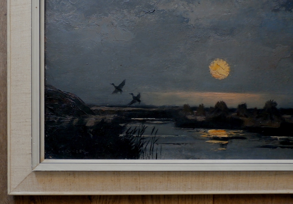 Jo Schrijnder: Olieverf op board: opvliegende eenden bij ondergaande zon kopen? Bied vanaf 550!