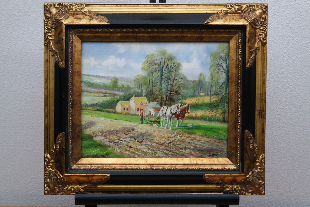 Landschap met ploegende boer - olieverf op paneel - gesigneerd r.o. kopen? Bied vanaf 39!