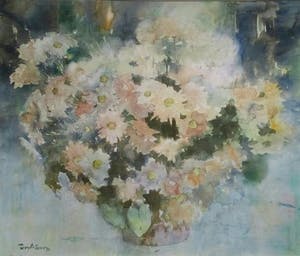 Ton Albers - Lila potchrysant - fraai ingelijste aquarel kopen? Bied vanaf 10!