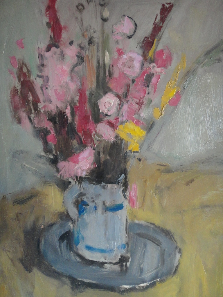 Jacobus Bijtel, olieverf, expressionistisch bloemstilleven met gladiolen verkocht voor € 350!