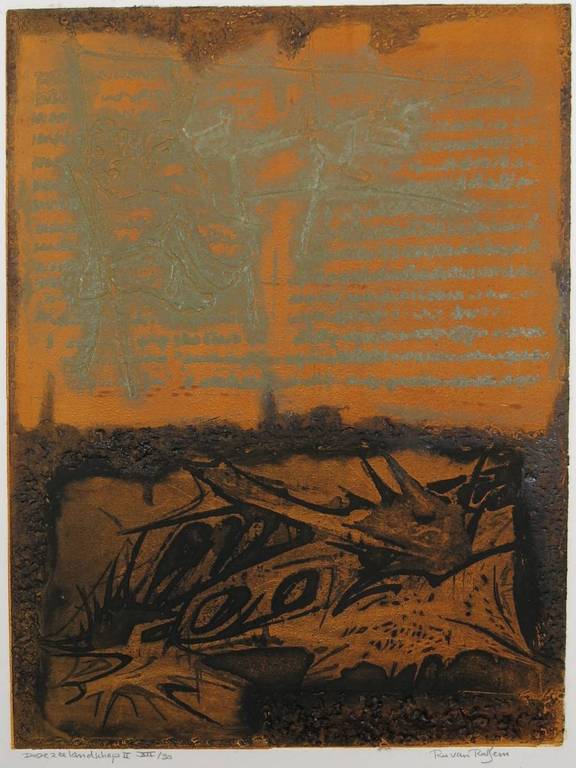 Ru van Rossem: Aquatint en reliefdruk, Dode Zee Landschap II verkocht voor € 50!