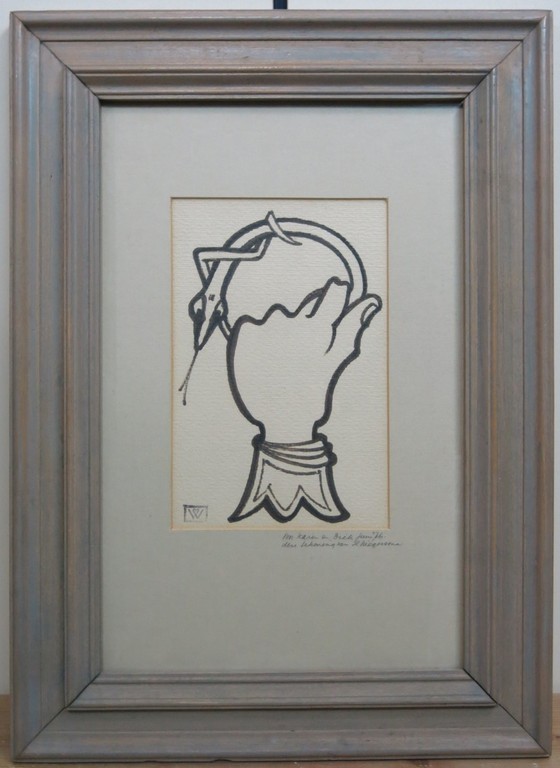 Hendrik Wiegersma: Inkttekening, Hand met Slang -Ingelijst kopen? Bied vanaf 70!