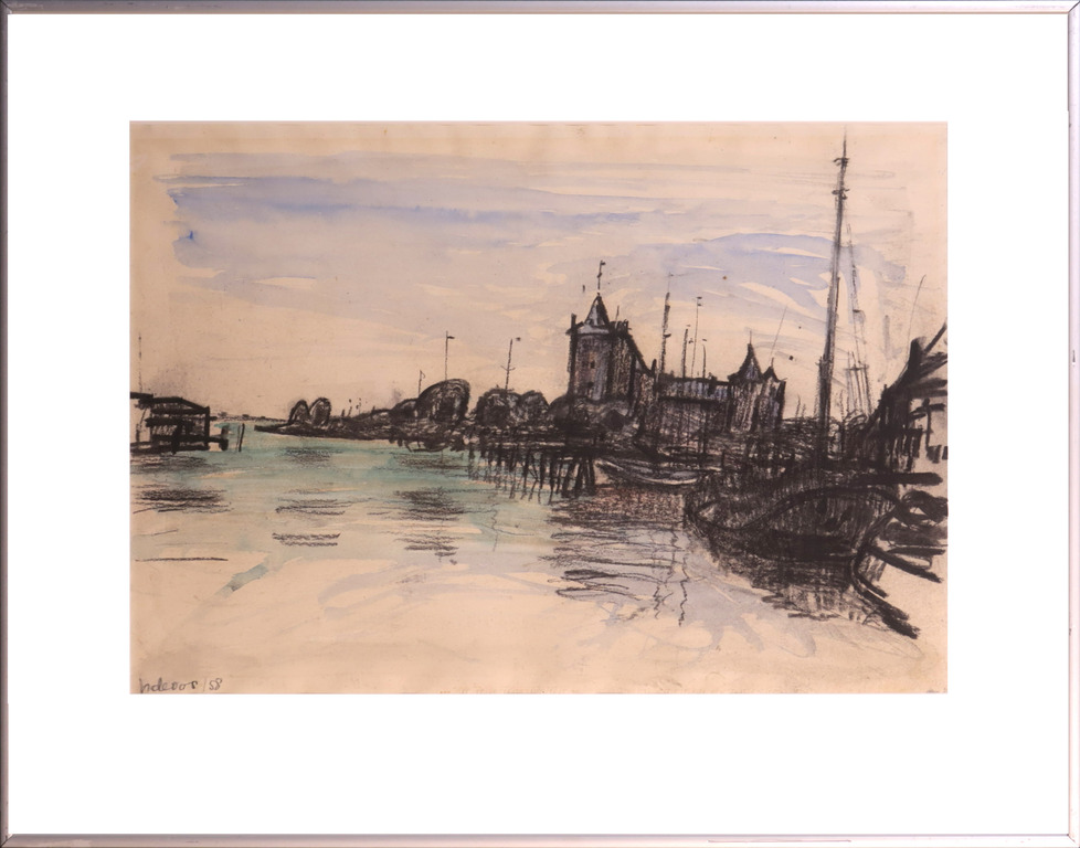Henk de Vos: Aquarel en houtskool op papier, Muiderslot - Ingelijst kopen? Bied vanaf 1!