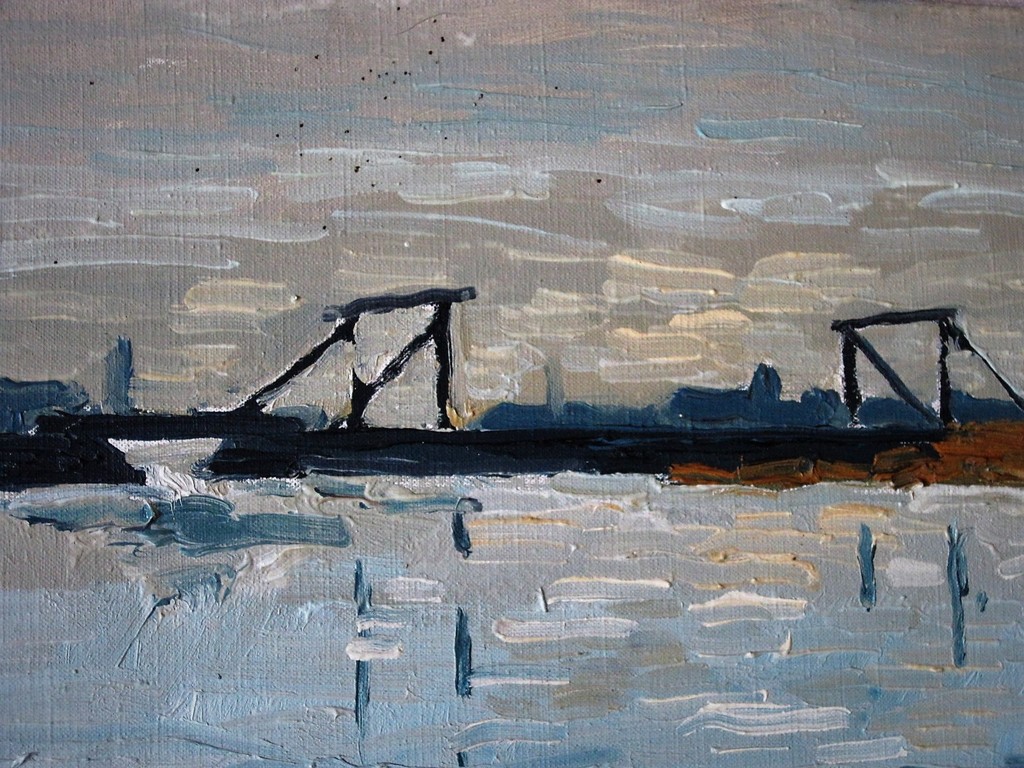 Oud impress. olieverf op doek "Spoorlijn over rivierenlandschap" monogram "AT" verkocht voor € 66!