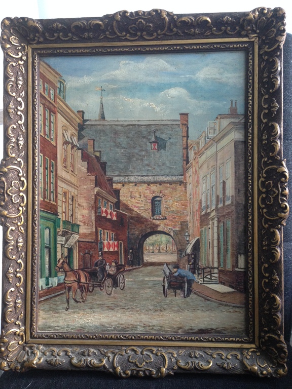 Stadspoort met paard en wagen - olieverf op doek - gesigneerd kopen? Bied vanaf 35!