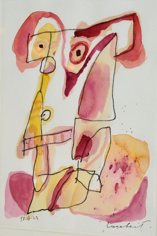 Lucebert: Tekening/Aquarel. Kop. Ingelijst verkocht voor € 650!