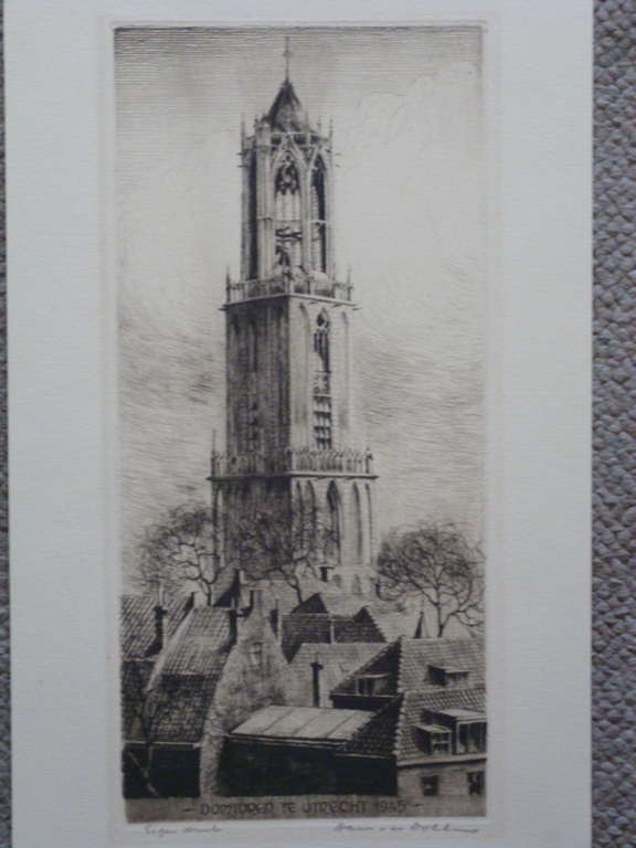 Hans van Dokkum - ets - Domtoren te Utrecht 1945 kopen? Bied vanaf 30!