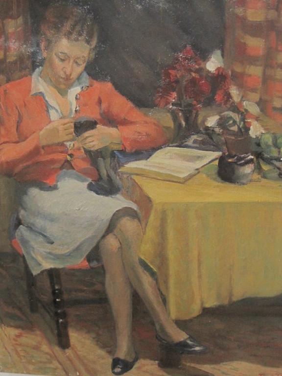 Toon Pluijmers 1910-1967 olieverf "vrouw aan tafel" 1943 gedateerd verkocht voor € 130!
