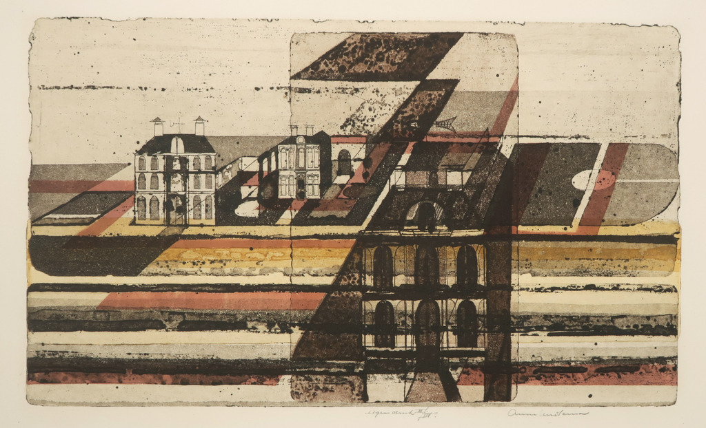 Anne Huitema: Ets en aquatint, Landschap met herenhuizen kopen? Bied vanaf 1!